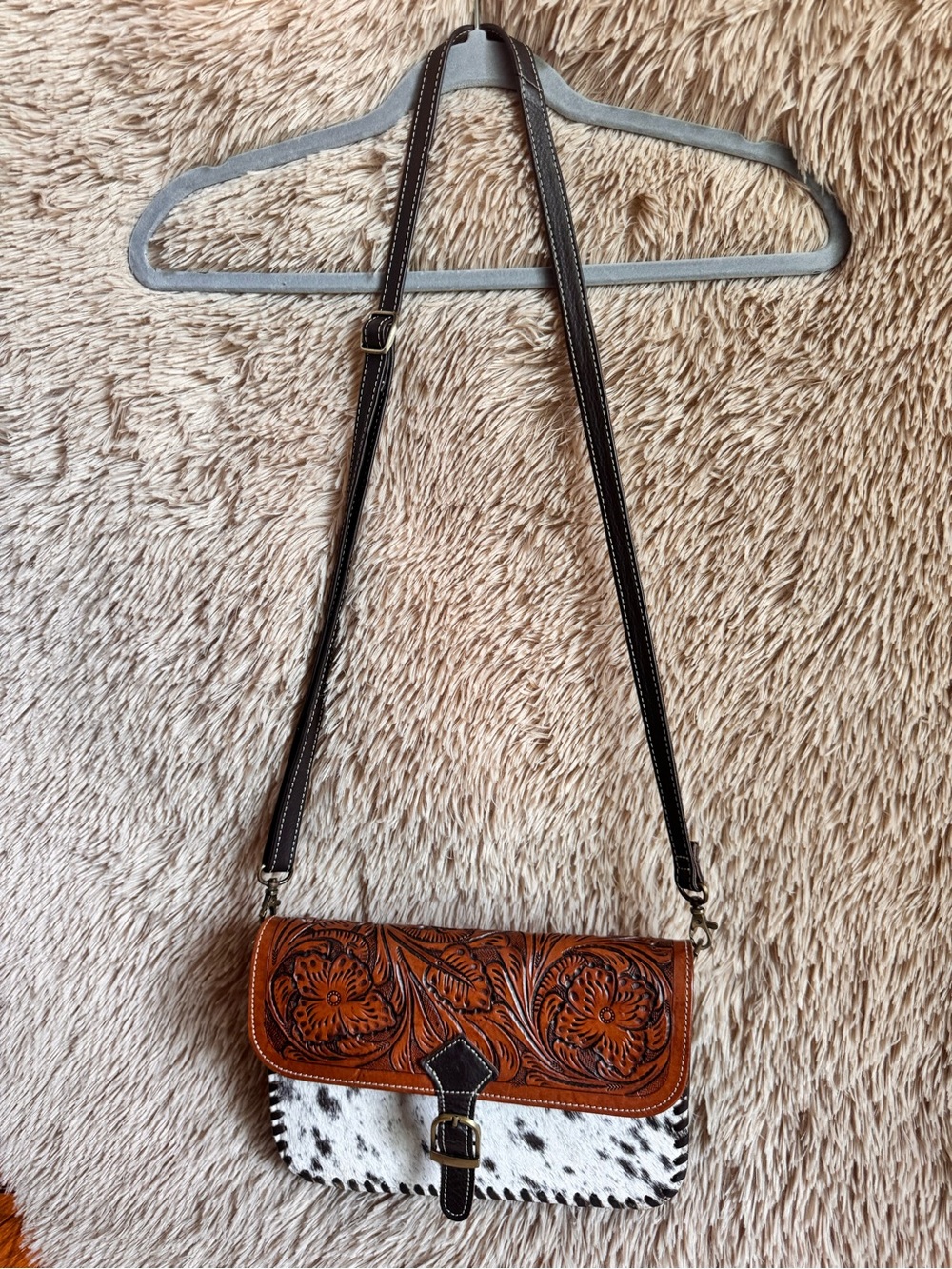 Hand-Tooled Floral Leather & Cowhide Crossbody Bag - Brown
